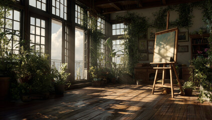 Sunlit Artist Studio Interior with Lush Indoor Plants and Wooden Easel

