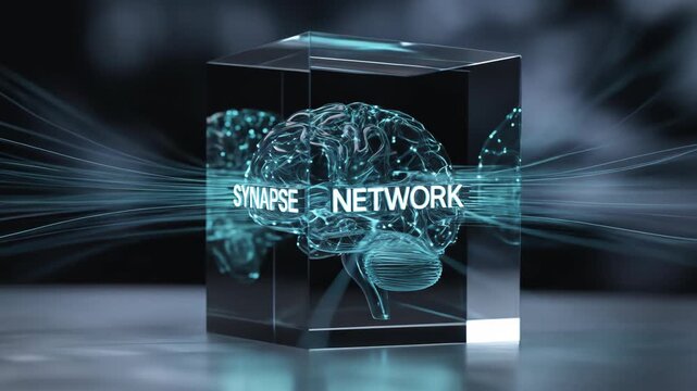 Illuminated Brain Model Inside A Transparent Cube With Synapse Network Text And Abstract Light Trails On Blurred Background