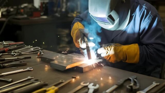 Skilled welder creating sparks as they join metal pieces, working meticulously in a professional workshop setting with tools around them