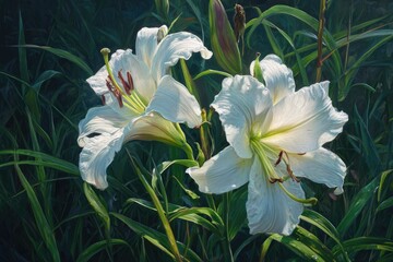 Obraz premium Two white lilies in a garden setting