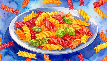 Watercolor painting of colorful, spiral pasta on a white plate, with basil leaves
