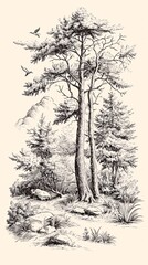 Pine trees and turtles in the forest