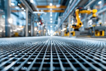 Naklejka premium Industrial factory floor with metal grid walkway and robotic arms