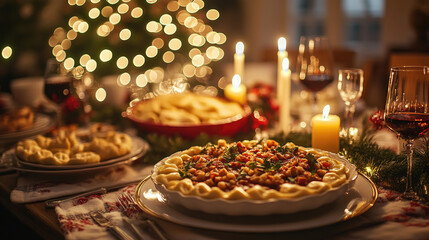 Traditional Polish Christmas table with makowiec cake centerpiece, glowing candles, borscht and pierogi in background creating warm festive family dinner atmosphere