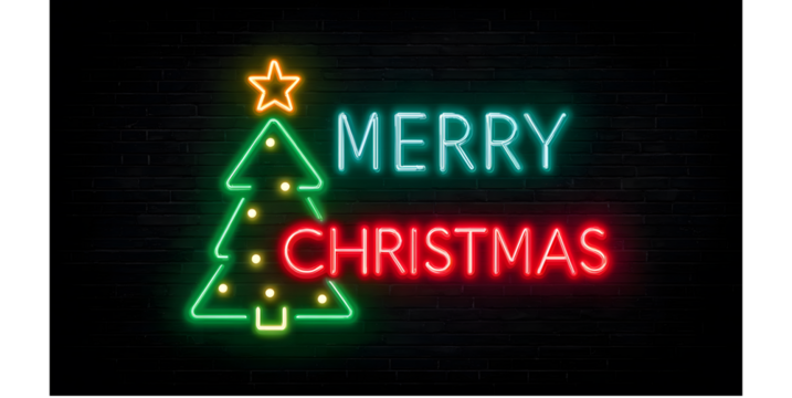 a neon sign with the words "merry christmas" in colorful lights, with hanging ornaments on each side of it. the background is dark blue, and there's space for text below the sign. - Powered by Adobe
