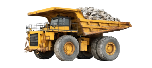 "Yellow heavy construction machinery including bulldozer, excavator, loader, and dump truck, working on a construction or mining site. Industrial vehicles with large wheels, transporting earth and bui