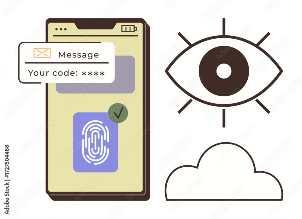 Poster smartphone displaying fingerprint authentication and verification code, with eye and cloud icons. id