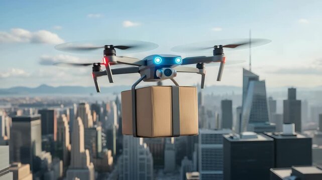 Future of delivery is here with advanced drone technology transporting package over bustling city skyline