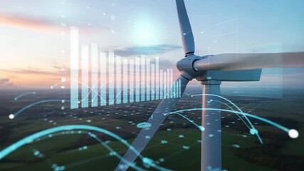 Dynamic wind turbine data visualization showcases renewable energy growth and sustainable future with glowing analytics - Powered by Adobe