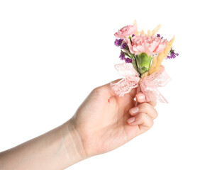 Woman with beautiful boutonniere on white background, closeup