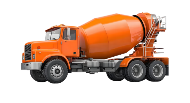 A heavy construction truck used for transportation and industry, isolated on a white background. The large cement or concrete mixer vehicle features a dump trailer design, representing power,