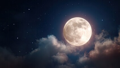 Full moon shining over a night sky with clouds