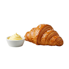 Golden-brown flaky croissant with sea salt and a ramekin of yellow butter, isolated on a seamless transparent background, high-angle studio food concept