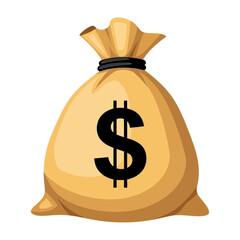 A bulging sack of cash, tied with a black ribbon, prominently displays a large black dollar sign, symbolizing wealth and financial prosperity