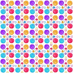 Colorful pattern with circles, hearts, and crosses on white background  