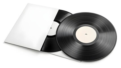 Fototapeta premium Classic black vinyl records with a blank white sleeve and label for your custom music or album artwork mockup. Perfect for showcasing vintage audio media designs and nostalgic projects