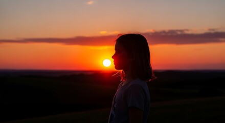 Fototapeta premium Silhouette of a girl gazing at the vibrant sunset, lost in thought.