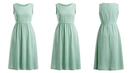 Obraz premium Elegant Light Green Sleeveless Dress Mockup Front, Side, and Back Views – Perfect for Fashion Design and Apparel Presentations
