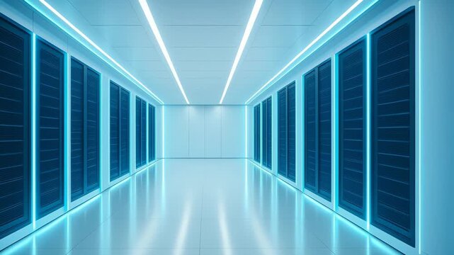 Modern data center servers with glowing neon lights create a futuristic, secure server room environment