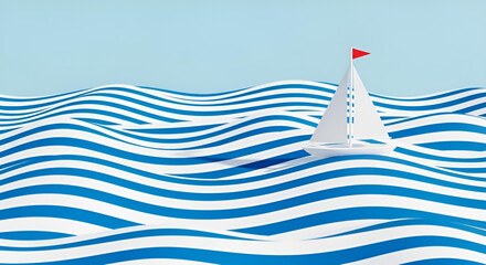 Minimalist sailboat navigating an abstract ocean of blue and white waves, a conceptual metaphor for journey,freedom, and discovery