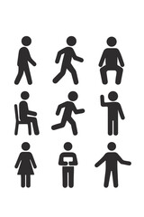 Collection of nine distinct black human figure icons representing various common poses and actions in a clean silhouette style
