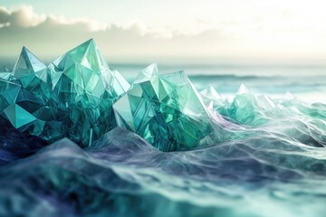 Obraz premium Crystalline formations rise from the ocean, shimmering teal under a soft sky.