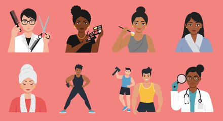 Eight diverse people representing various professions and activities against a pink background