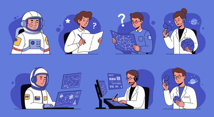 Eight flatdesign vector illustrations of space professionals against a blue background © Faisal