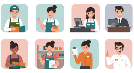 Eight portraits of service workers in aprons or business attire