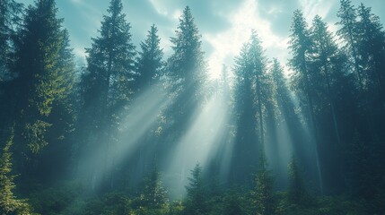 Sunbeams through lush, green forest