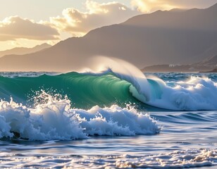 Dramatic ocean wave crashing against the shore with majestic mountains in the background, sun, cliff
