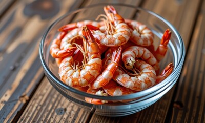 Dried shrimp in a clear glass bowl, nestled on a rustic wooden surface, food photography, asian food, crustacean