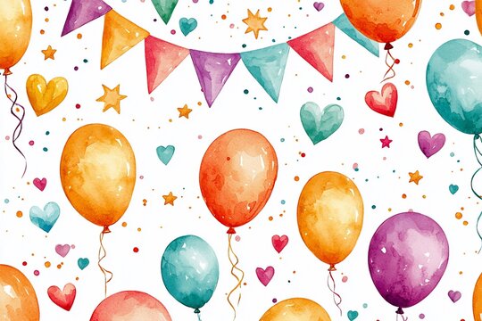 Festive watercolor balloons, hearts, and bunting - Powered by Adobe