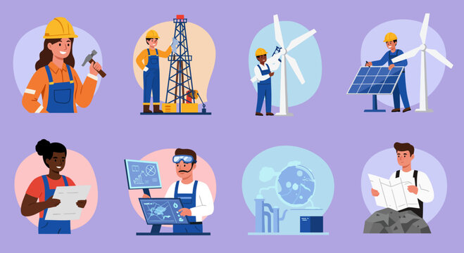 Eight vignettes showing diverse workers in energy and engineering sectors