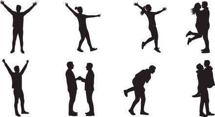 PrintHuman interaction silhouettes, expressive poses, emotional gesture, body language art, celebration moment, connection scene, black outline, movement, support, unity