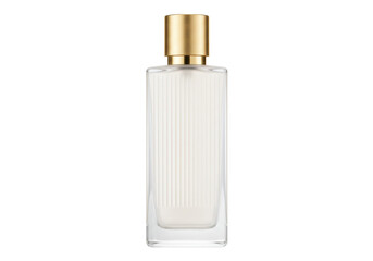 Isolated perfume bottle with vertical texture and golden cap, fragrance for women or men