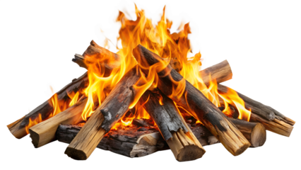 Roaring campfire with vibrant flames and charred logs isolated on transparent background, ideal for camping, outdoor adventures, and cozy nights