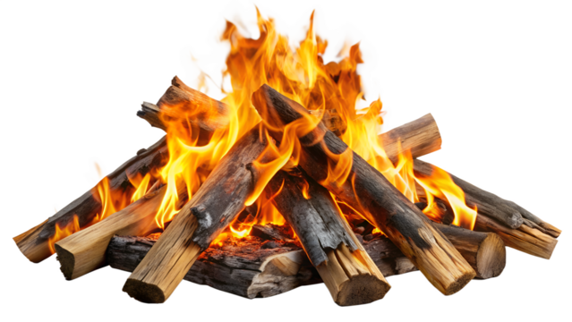 Roaring campfire with vibrant flames and charred logs isolated on transparent background, ideal for camping, outdoor adventures, and cozy nights