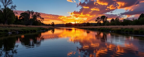 Golden sunset hues paint tranquil creek ripples, reflecting fiery clouds; serene nature scene, peaceful, outdoors, calm