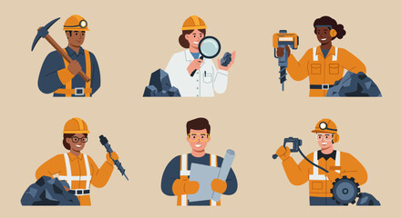Six diverse mining workers and professionals depicted in flat illustration style