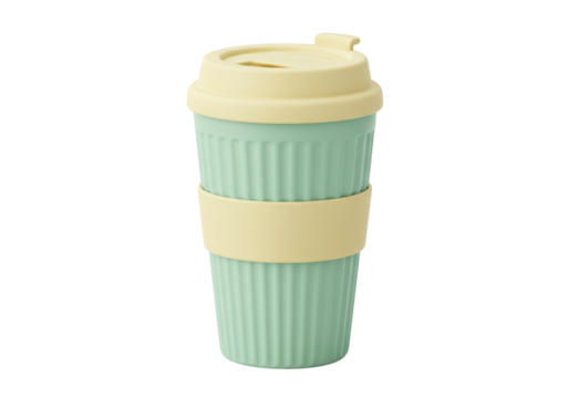 Isolated reusable cup with lid and grip for hot and cold drinks like coffee and tea on trips