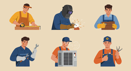 Six illustrations of male manual laborers performing various skilled trades