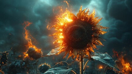 Sunflower engulfed in flames against a stormy sky