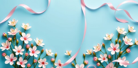 Light blue spring background with delicate white flowers and flowing ribbons, perfect for cards, websites, or invitations, flowers, texture