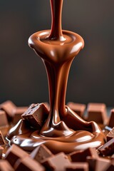 Melted chocolate cascading down a fountain, creating delicious splatters and surrounded by rich chocolate chunks, cascade, gourmet