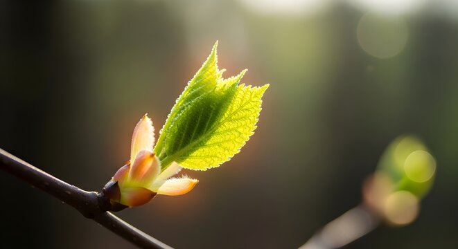 The first tender green leaf of spring emerges from its bud, glowing in the soft sunlight against a blurred natural background