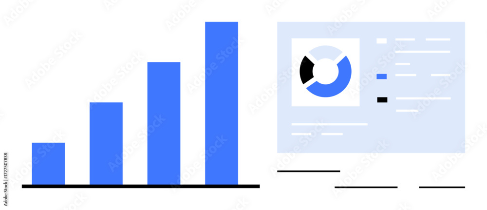 Poster bar chart showcasing growth trends next to a pie graph on a digital analytics dashboard. ideal for d