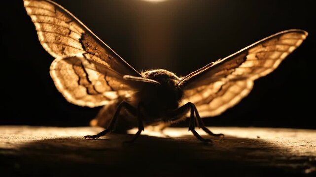 A majestic moth with wings outstretched, illuminated by a warm backlight against a dark background.