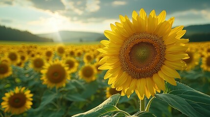 Sunflower field gleams under the radiant golden sunlight