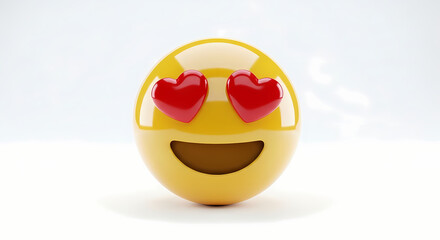 A yellow emoji with heart eyes and a smile on a white background in a studio style rendering look